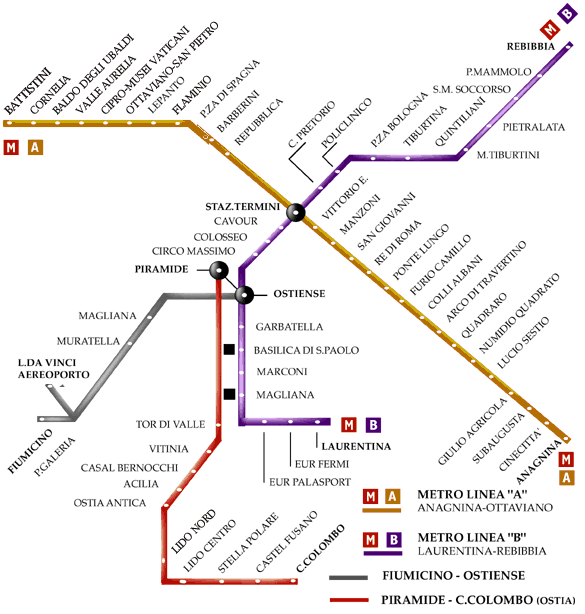 Mapa de las Lneas A y B del metro de Roma (Tambin lineas de Tren)